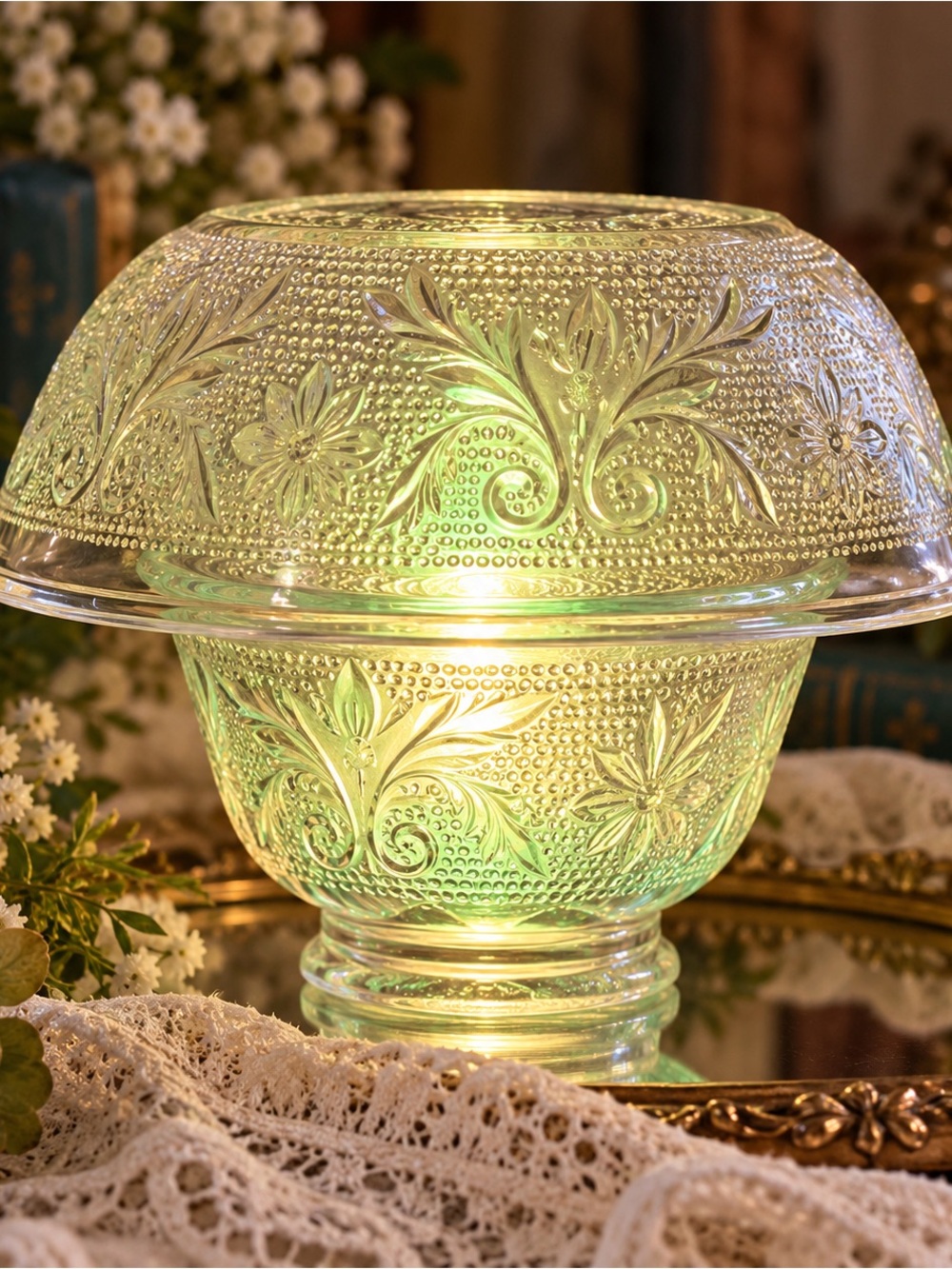 Vintage Tiara Sandwich Glass Mushroom Fairy Lamp